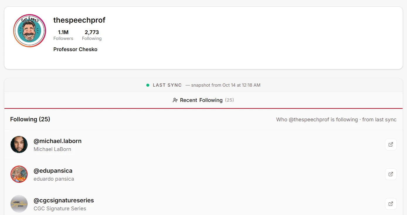 Social Snitch dashboard showing new follows for a tracked account