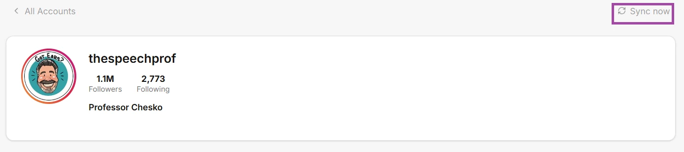 Social Snitch Sync button next to a tracked account