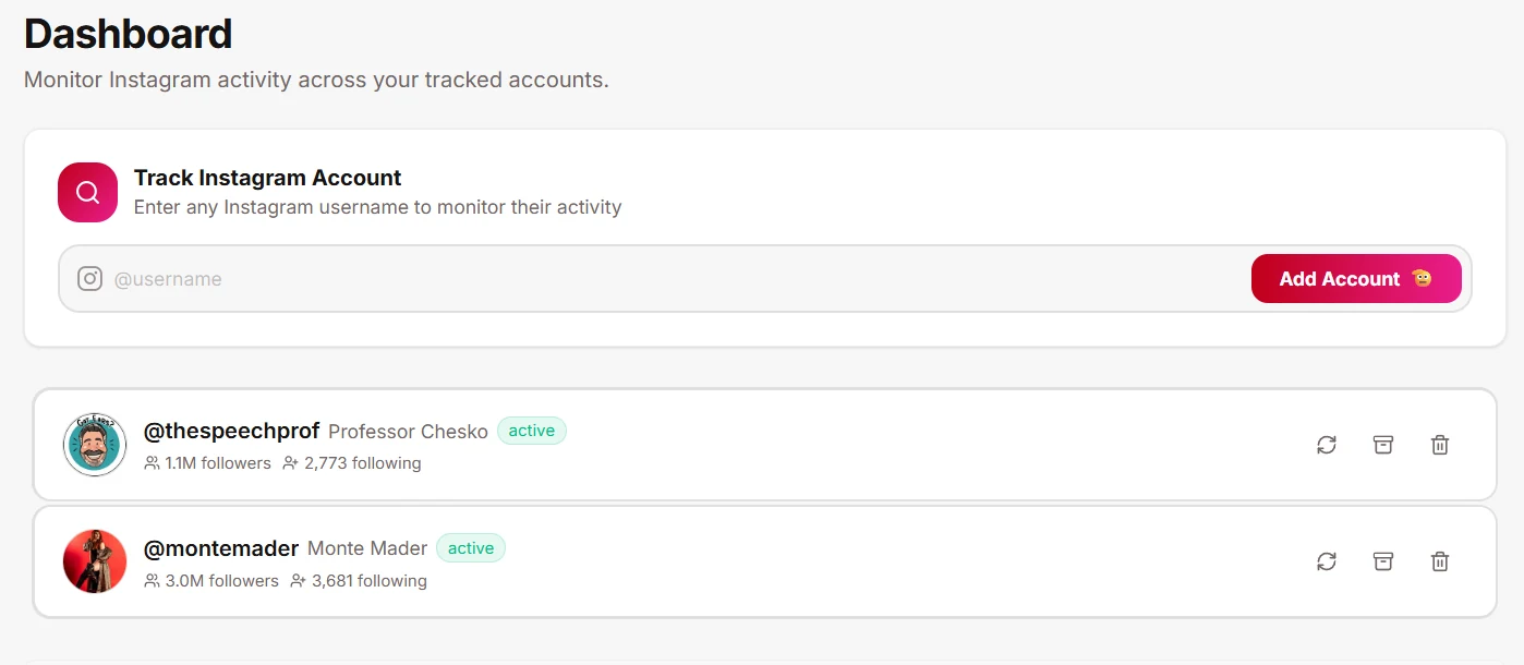 Social Snitch dashboard with two tracked accounts