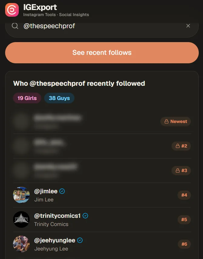 IGExport’s free recent-follows preview, with the newest follows locked
