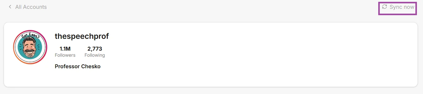 Social Snitch Sync button next to a tracked account