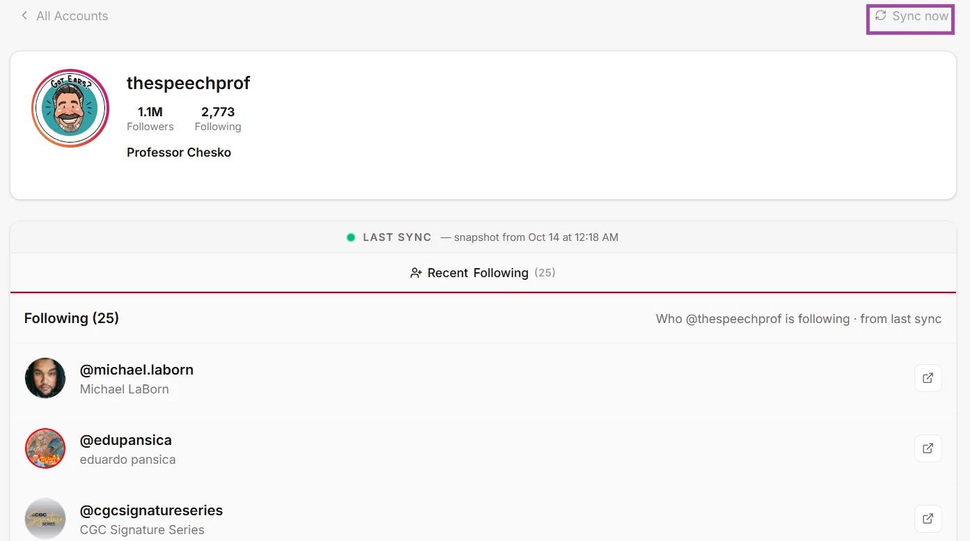 Social Snitch Sync button next to a tracked account